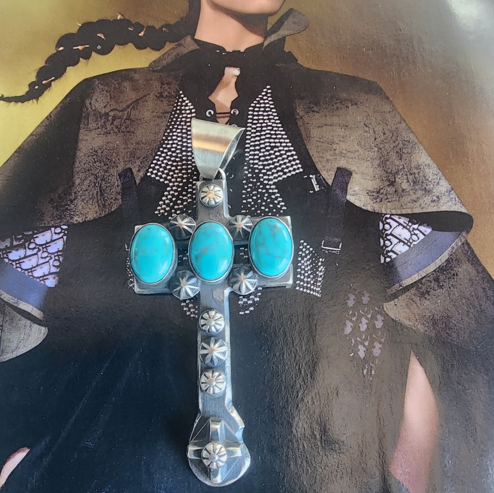 Chimney ButteTurquoise  Stone Silver Cross Pendant Native Made & Signed